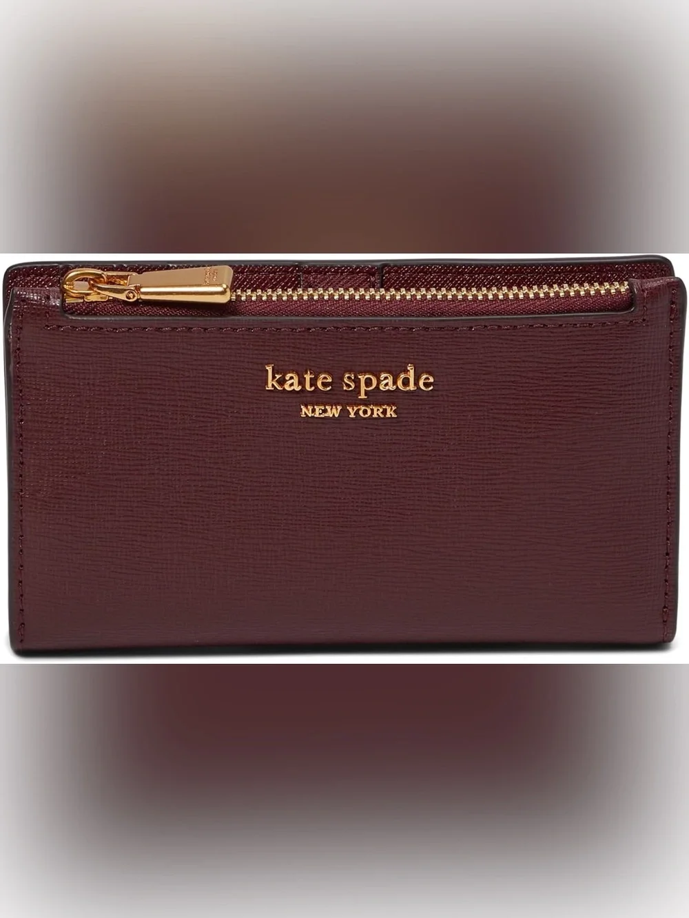 kate spade Burgundy Saffiano Leather Zip Card Wallet with Gold Hardware